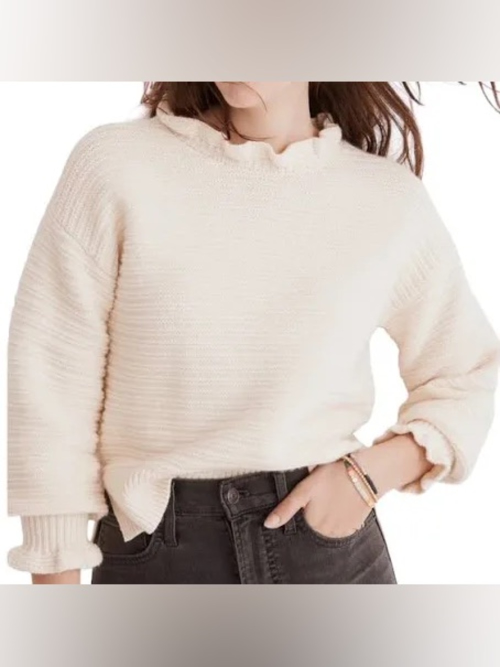 NWT $88 Madewell Ruffle-Neck Pullover Sweater in Cotton-Merino Yarn Large
